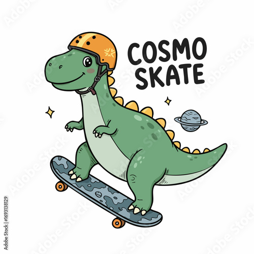 Cartoon Illustration of Dinosaur Riding Skateboard with Helmet Illustration Design