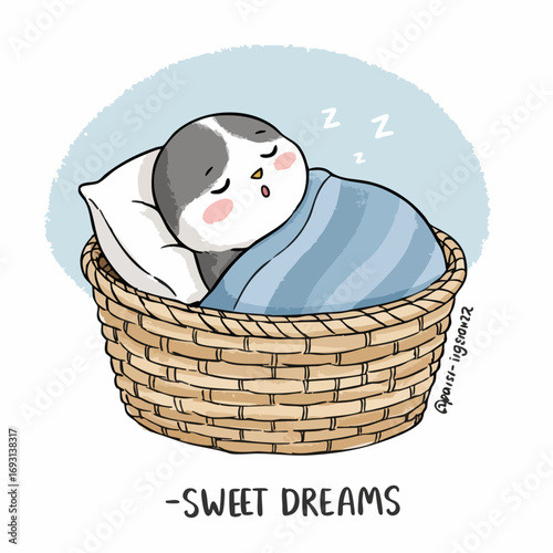 Cute Cartoon Style Sleeping Animal in a Wicker Basket Illustration