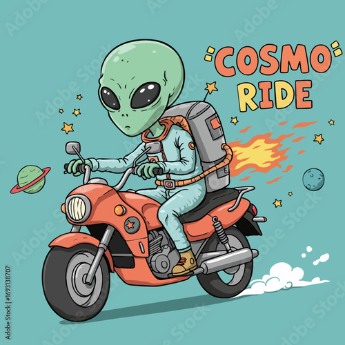 Colorful Cartoon Alien Riding Motorcycle Adventure Illustration Character Design