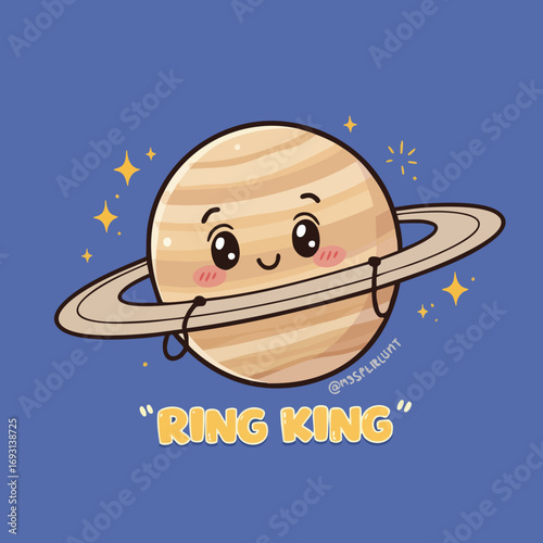 Cute Cartoon Style Detailed Saturn Planet Illustration with Ring King Text