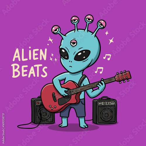 Playful Handdrawn Alien Character Playing Guitar With Amplifier Illustration
