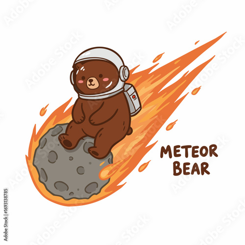 Cute Cartoon Bear Astronaut Riding on Meteor Comet Illustration