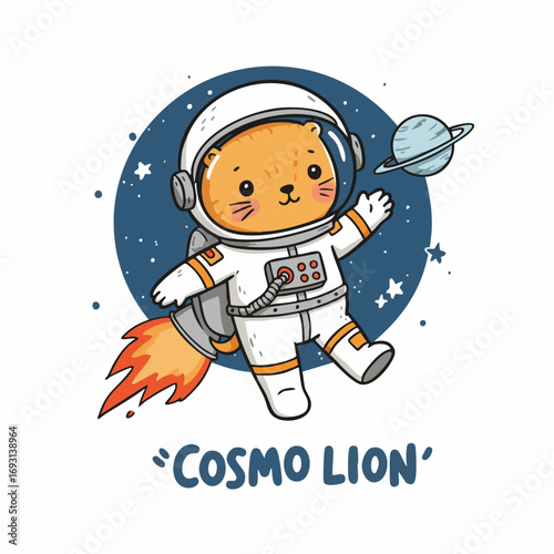 Cute Cartoon Lion Astronaut Floating in Space with Planet Illustration