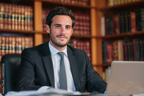 Professional lawyer working on laptop at wooden desk, surrounded by legal volumes in law office library, embodying legal expertise and focused demeanor