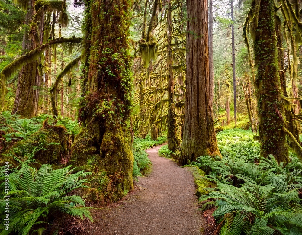 Fototapeta premium a path in the fairy green forest the forest along the trail is filled with old temperate trees covered in green and brown mosses hoh rain forest olympic national park washington state usa