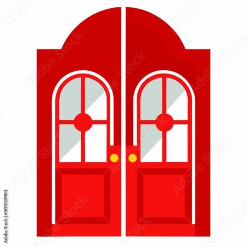 Red double doors with glass panes vector on white background.