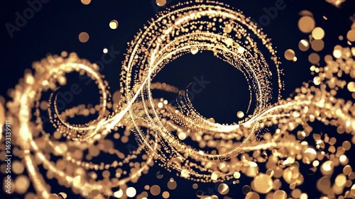 Shimmering golden particles spinning, swirling dynamically across deep dark background, creating hypnotic luminous movement with sophisticated elegance