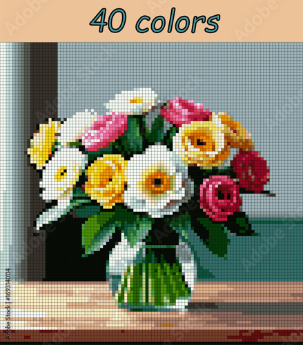 Bouquet of peonies in a glass vase. Pixel art vector 100x100 squares for paint by numbers – color grid illustration with clean, smooth squares and overlaid grid for antistress coloring book.