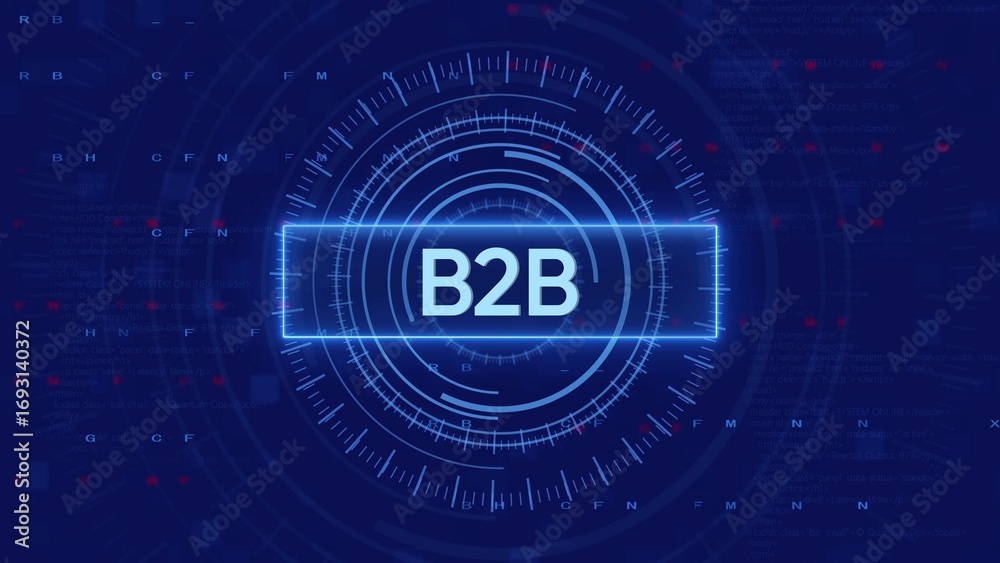 Obraz premium Digital Futuristic HUD Interface with Glowing Blue Neon Text B2 B on Dark Blue Background business