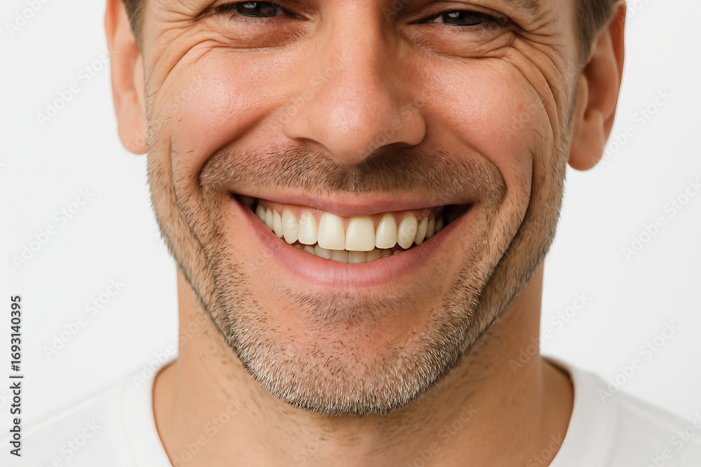 Naklejka premium Close-up of a smiling man with facial hair isolated on white background. concept of happiness, positive emotion, facial expression