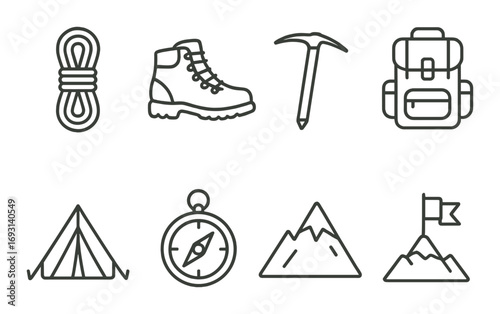Outdoor adventure linear icon set. featuring rope, boots, ice axe, backpack, tent, compass, mountains, flag symbols.