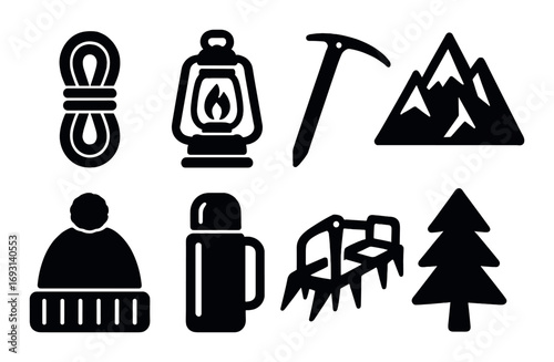 Outdoor adventure silhouette icon set. featuring rope, lantern, ice axe, mountain, hat, flask, crampons, tree.