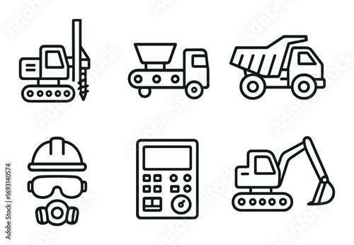Construction equipment linear icon set. featuring drill, truck, dumper, helmet, calculator, and excavator symbols.