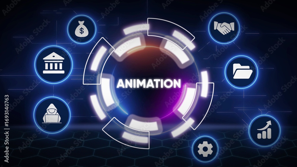 Naklejka premium Digital network with icons representing business and technology concepts around the word ANIMATION