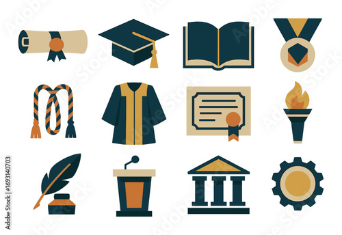 Graduation silhouette icon set. featuring diploma, cap, book, medal, robe, certificate, torch, and podium icons.