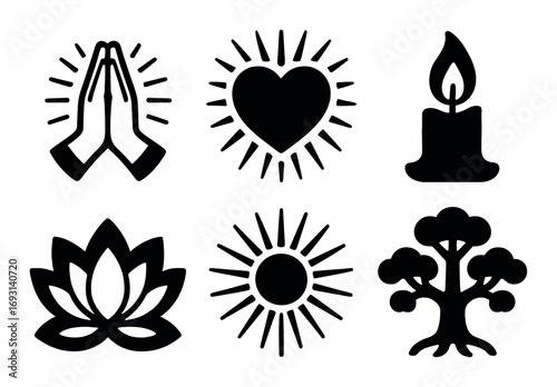Spiritual silhouette icon set. featuring prayer, heart, candle, lotus, sun, and tree symbols.