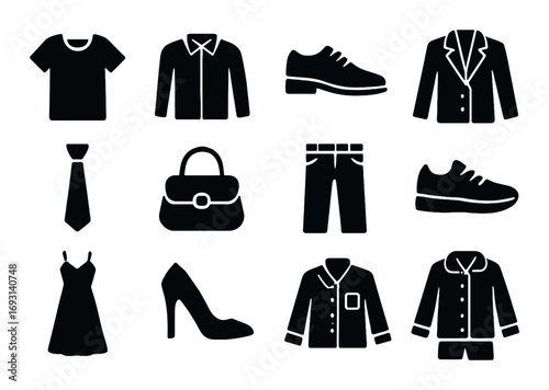 Fashion apparel silhouette icon set. featuring t-shirt, dress, tie, shoes, bag, jacket, and pants.