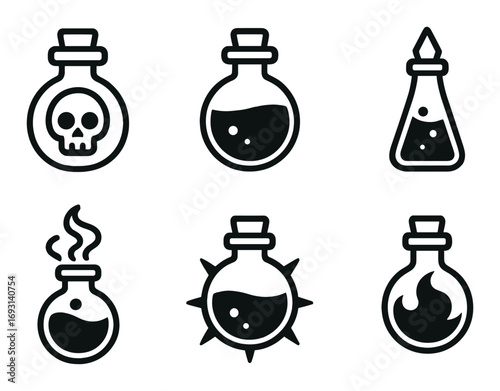 Alchemy potion silhouette icon set. featuring poison, flask, elixir, vapor, explosion, and fire symbols.