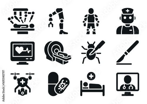 Medical technology silhouette icon set. featuring surgery, robot, nurse, mri, scalpel, pills, doctor, and ai.