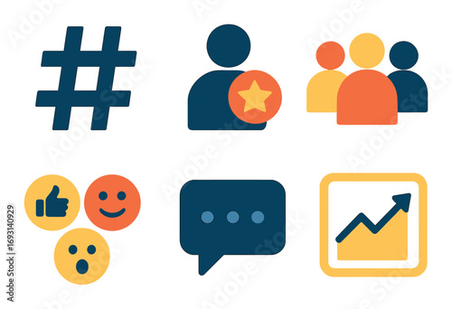 Social media engagement silhouette icon set. featuring hashtag, star, group, reactions, chat, growth symbols..