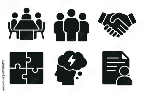 Business silhouette icon set. featuring meeting, team, handshake, puzzle, thinking, and document symbols.