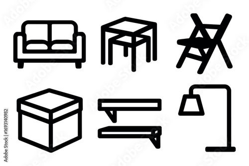 Home furniture silhouette icon set. featuring sofa, table, chair, ottoman, shelves, and lamp symbols.