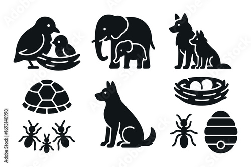 Animal family silhouette icon set. featuring bird, elephant, dog, turtle, nest, ant, and egg symbols.