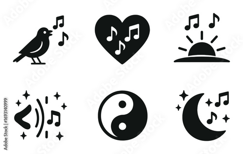 Nature music silhouette icon set. featuring bird, heart, sunrise, sound wave, yin-yang, and moon symbols.