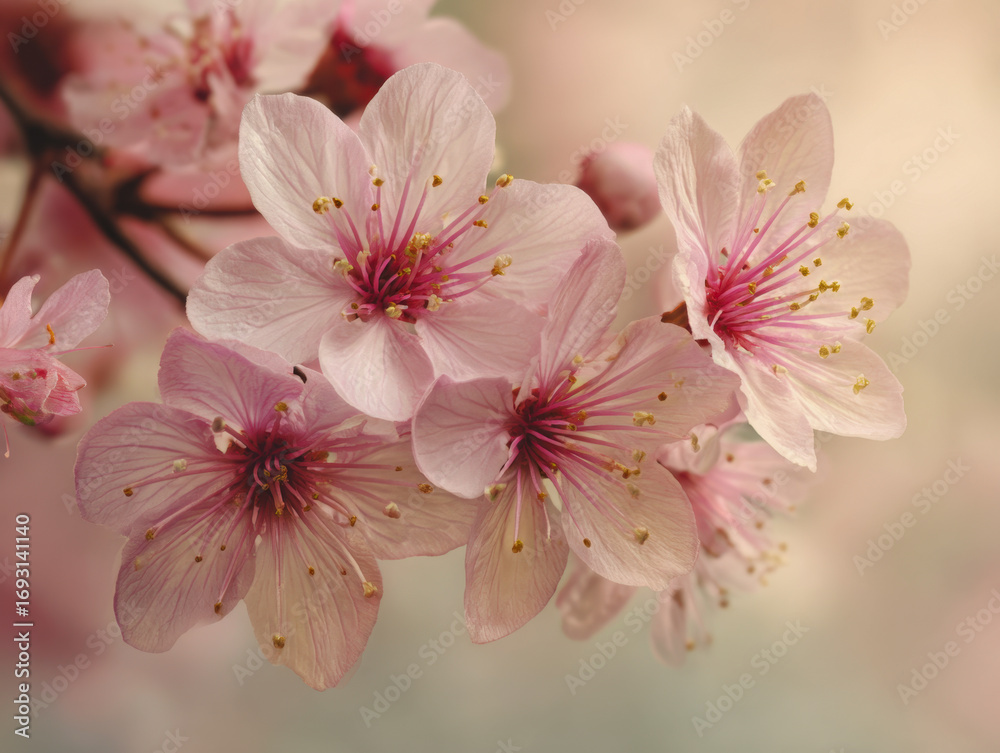 Fototapeta premium Close-up of delicate light pink cherry blossoms with yellow pollen on soft blurred neutral background during springtime bloom