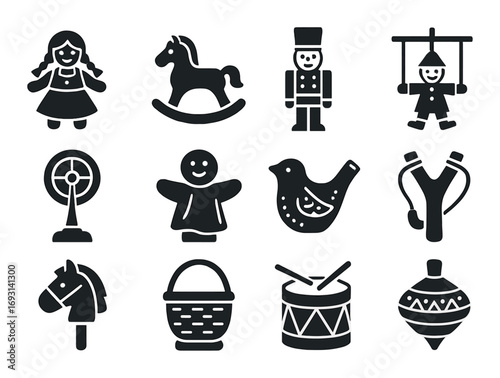 Toys silhouette icon set. including doll, horse, soldier, puppet, fan, bird, drum, basket, and top symbols.
