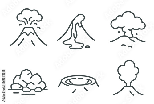 Geology silhouette icon set. featuring volcano, earthquake, eruption, lava, rocks, and crater symbols.