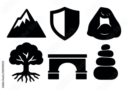 Nature silhouette icon set. featuring mountain, shield, cave, tree, arch, and stones symbols.