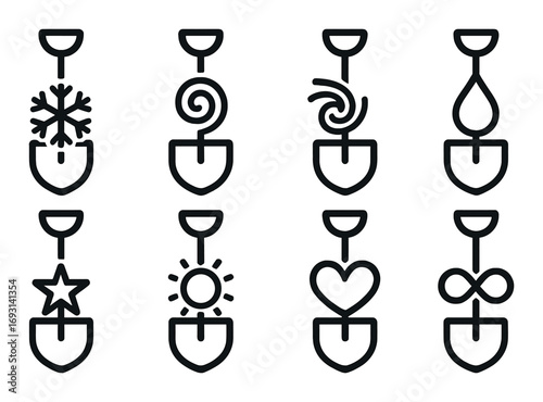 Gardening tools silhouette icon set. featuring snowflake, spiral, cyclone, water drop, star, sun, heart, infinity symbols.