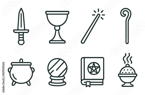 Magic tools silhouette icon set. featuring sword, goblet, wand, staff, cauldron, crystal ball, spellbook, incense burner.