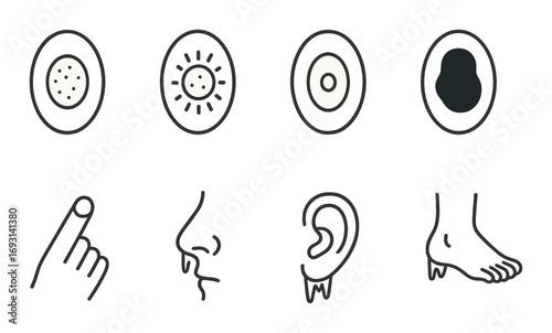 Senses linear icon set. featuring taste, sight, sound, smell, touch, finger, nose, ear, foot symbols.