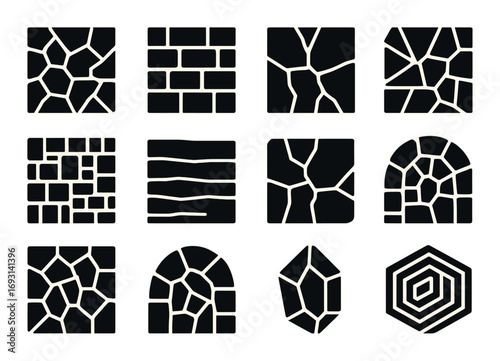 Architecture silhouette icon set. featuring stone, brick, mosaic, tile, pattern, path, rock, geometric shapes.