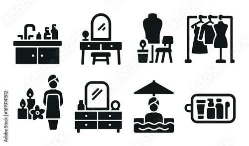 Home and fashion silhouette icon set. featuring vanity, dressing table, wardrobe, spa, mannequin, and bathroom symbols.