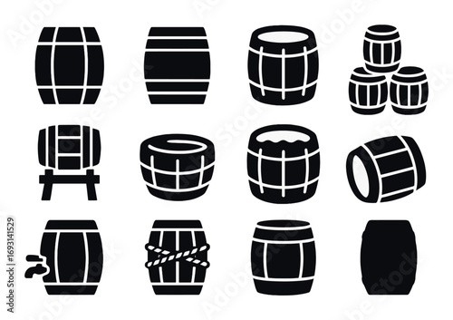 Barrel silhouette icon set. featuring beer, wine, whiskey, keg, aging, wooden, storage, oak, container symbols.