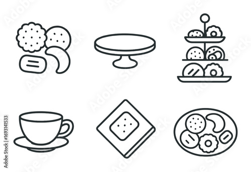 Desserts linear icon set. featuring cookies, cake stand, tiered tray, cup, napkin, and assorted snacks.