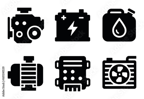 Automotive parts silhouette icon set. featuring engine, battery, fuel can, motor, radiator, cooling fan.