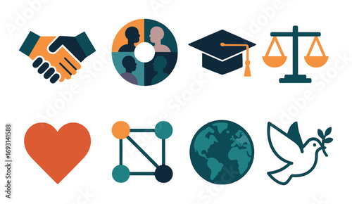 Peace and justice flat icon set. featuring handshake, teamwork, graduation, balance, heart, network, globe, and dove symbols.