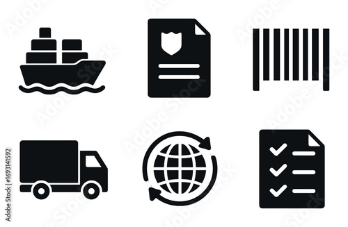 Shipping and logistics silhouette icon set. featuring ship, document, barcode, truck, globe, checklist symbols.