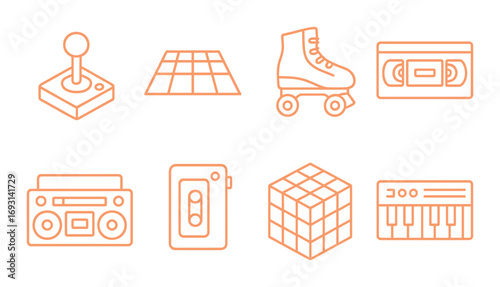 Retro gadgets neon linear icon set. featuring joystick, vinyl, roller skates, cassette, boombox, walkman, cube, keyboard.