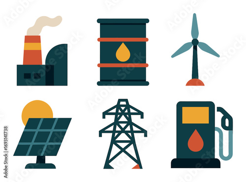 Energy sources flat icon set. featuring power plant, oil barrel, wind turbine, solar panel, power line, and fuel pump symbols.