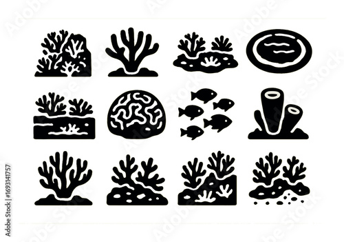 Aquatic silhouette icons set. featuring coral, sponge, reef, seaweed, and fish symbols.