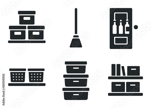 Home organization silhouette icon set. featuring storage bins, broom, pantry, baskets, shelves, and boxes..