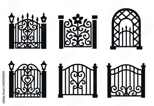 Ornamental gates silhouette icon set. featuring garden, heart, floral, archway, and lantern designs.