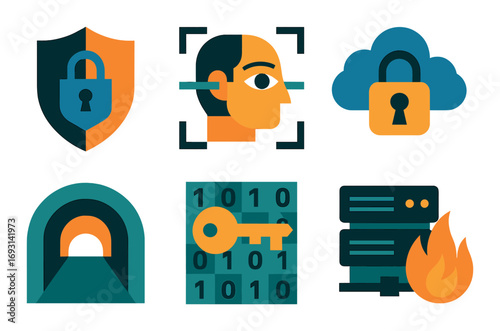 Cybersecurity flat icon set. featuring firewall, facial recognition, cloud lock, tunnel encryption, security key.