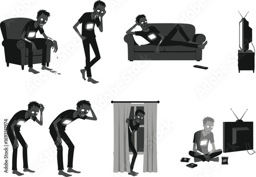 Zombie man addicted to technology, watching TV, eating junk food, feeling tired, isolated, stressed, anxious, lonely, depressed, digital addiction illustrated.