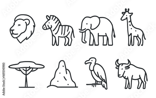 Wildlife linear icon set. featuring lion, zebra, elephant, giraffe, acacia tree, termite mound, vulture, buffalo.